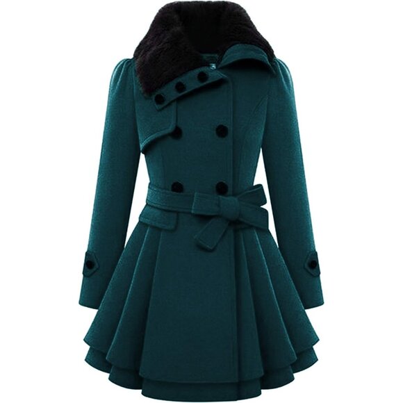 Women's Blue Green Zeagoo Winter Trench Coat Faux Fur Lapel Double Breasted - Picture 1 of 4